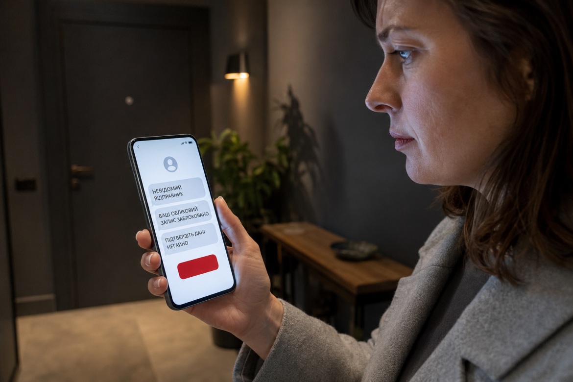 Жінка читає підозріле SMS на смартфоні з повідомленням про блокування облікового запису та вимогою підтвердити дані