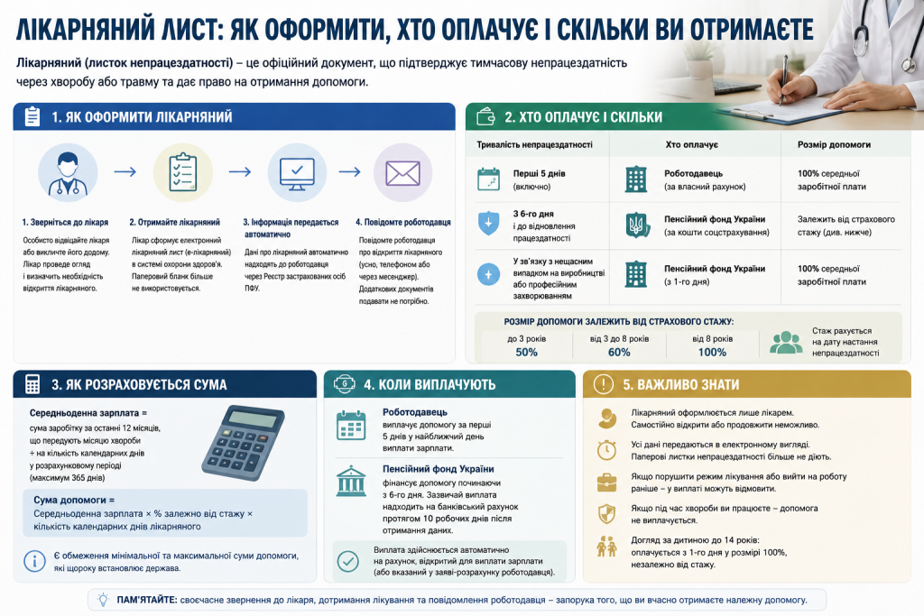 Інфографіка про оформлення лікарняного листа в Україні, порядок виплат, розрахунок допомоги та важливі правила.