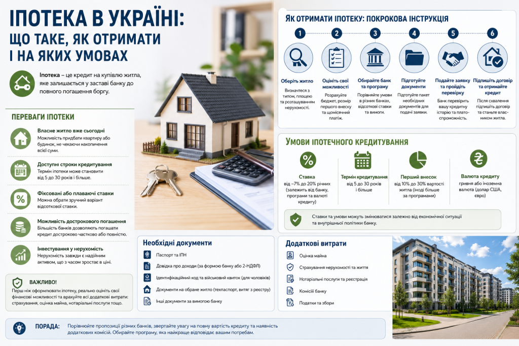 Інфографіка про отримання іпотеки в Україні, умови кредитування, необхідні документи та додаткові витрати