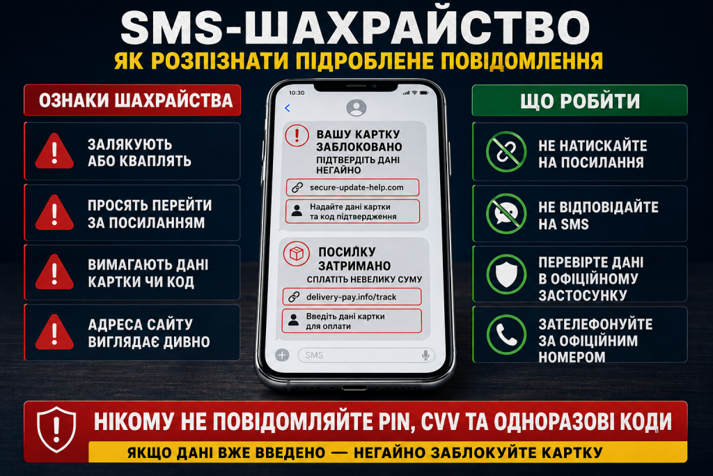 Інфографіка з ознаками шахрайських SMS та порадами, як захистити банківські дані й не перейти за небезпечним посиланням