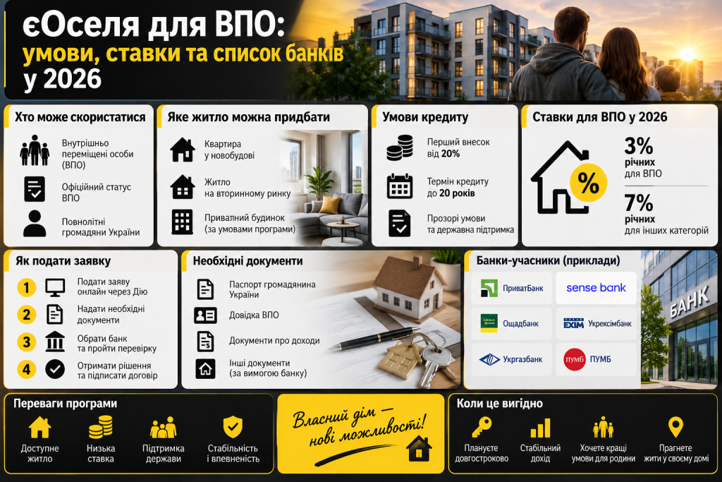 Інфографіка про програму єОселя для ВПО у 2026 році з умовами кредитування, ставками, документами та банками-учасниками