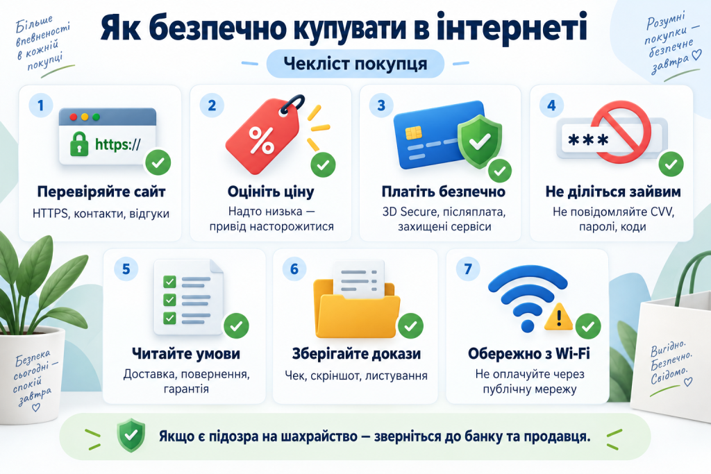 Інфографіка з основними правилами безпечних покупок в інтернеті та захисту банківських даних.