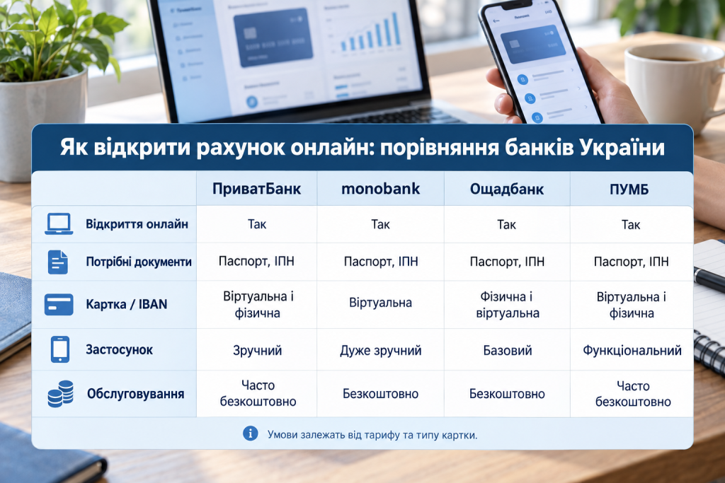 Порівняльна таблиця умов відкриття банківського рахунку онлайн у ПриватБанку, monobank, Ощадбанку та ПУМБ.